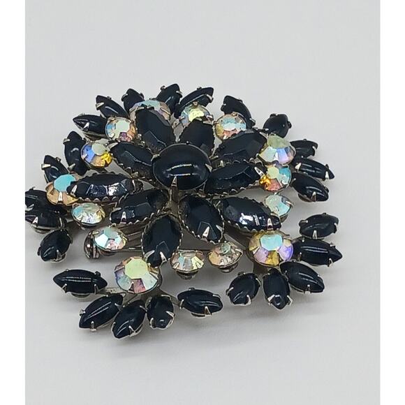 Amazing Bold Black Navette Prong Set Round Aurora Borealis Rhinestone Brooch Vtg - Picture 9 of 11